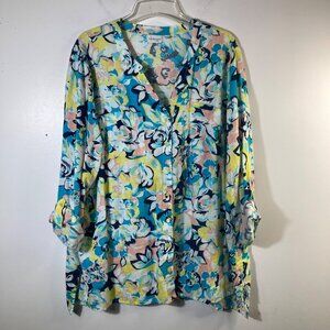 Womens Kim Rogers Curvy Linen Blend Floral Button Shirt Roll Sleeve 2/3X